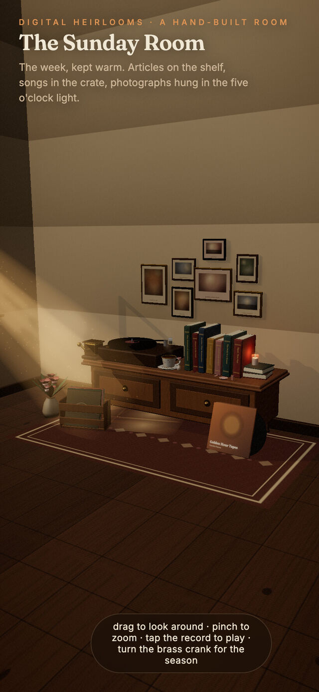 The Sunday Room, full 3D room in golden-hour light